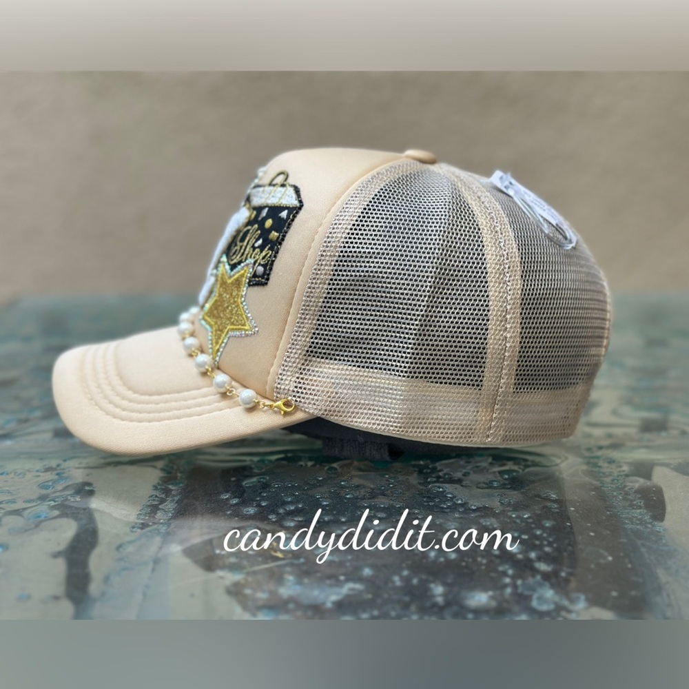 Beautiful Handmade LV Embellished Beige Cap with Pearls and Patches - Picture 7 of 9